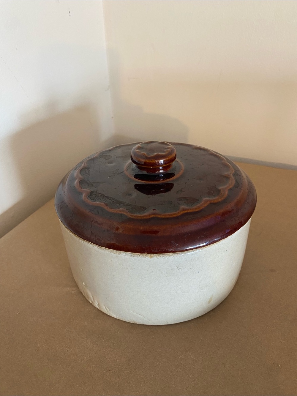 Vintage crock with lid scalloped detail ceramic jar Cottagecore brown